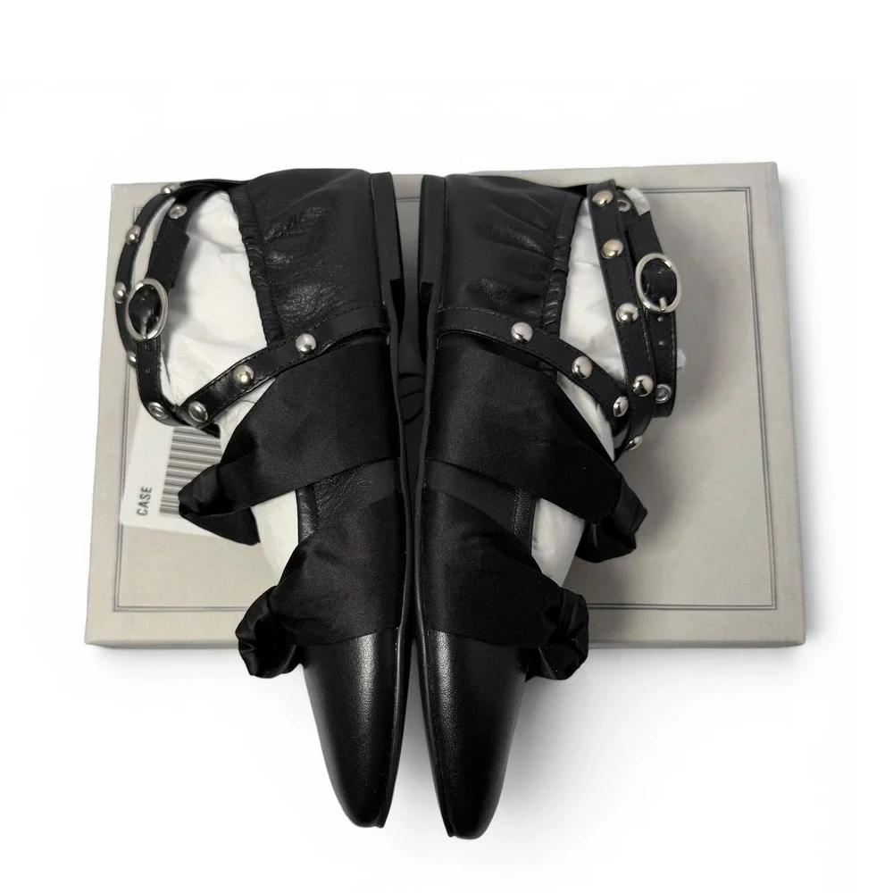 NIB Anthropologie Maeve Moto Ballet Flats EU 38/7-7.5 Black Leather Studded $178
